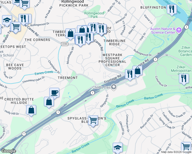 map of restaurants, bars, coffee shops, grocery stores, and more near 1000 Liberty Park Drive in Austin