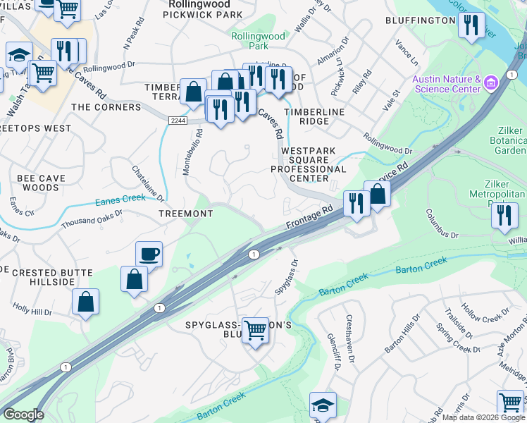 map of restaurants, bars, coffee shops, grocery stores, and more near 1000 Liberty Park Drive in Austin