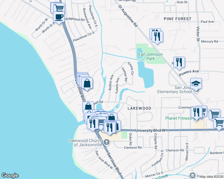 map of restaurants, bars, coffee shops, grocery stores, and more near 5342 Rollins Avenue in Jacksonville