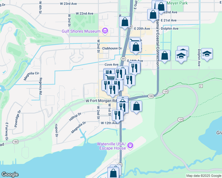 map of restaurants, bars, coffee shops, grocery stores, and more near 200 Gulf Shores Parkway in Gulf Shores