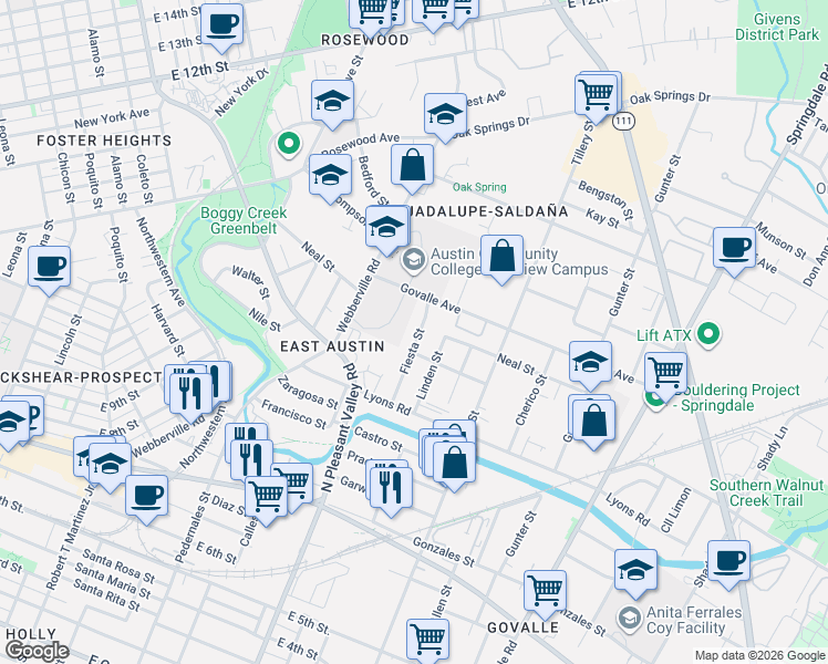 map of restaurants, bars, coffee shops, grocery stores, and more near 1104 Fiesta Street in Austin