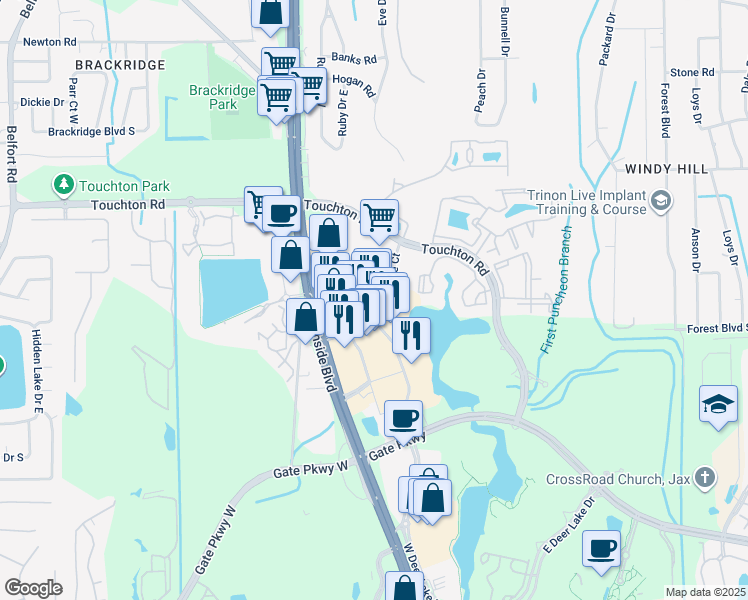map of restaurants, bars, coffee shops, grocery stores, and more near 9753 Deer Lake Court in Jacksonville