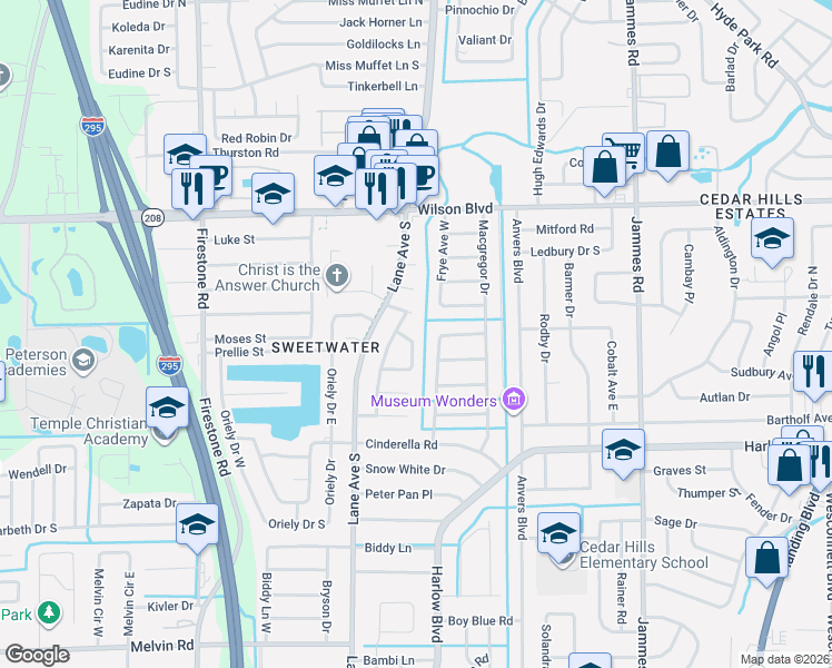map of restaurants, bars, coffee shops, grocery stores, and more near 6801 Bogata Drive North in Jacksonville