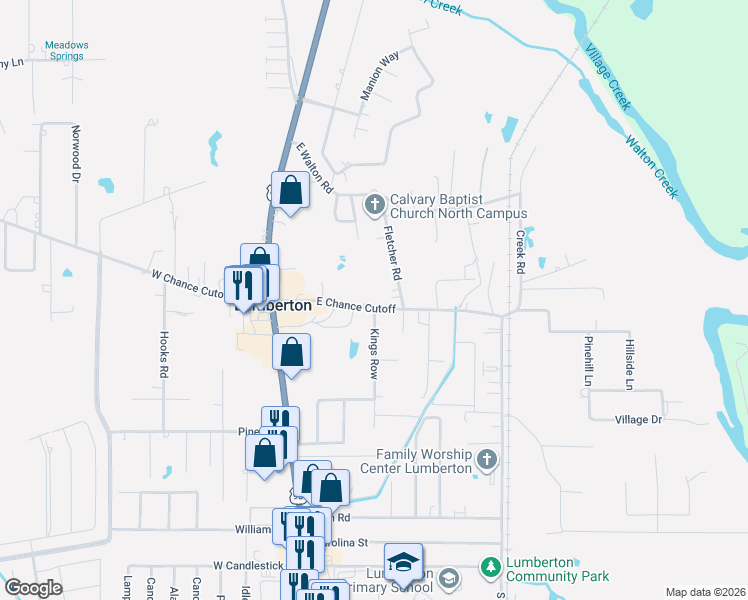 map of restaurants, bars, coffee shops, grocery stores, and more near 195 East Chance Cutoff in Lumberton