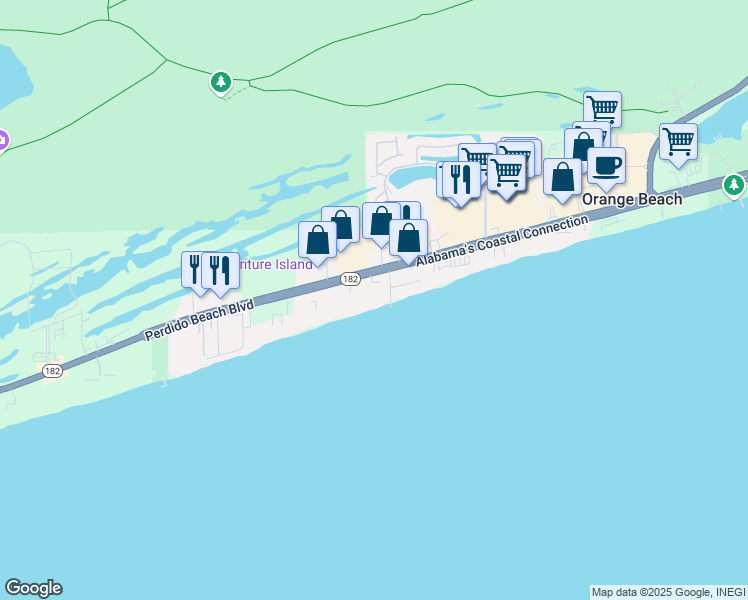 map of restaurants, bars, coffee shops, grocery stores, and more near 24988 Perdido Beach Boulevard in Orange Beach