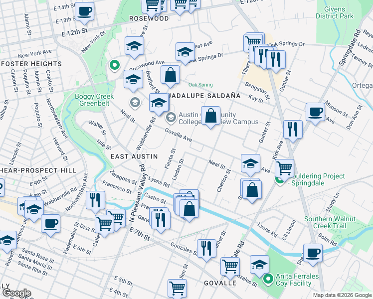 map of restaurants, bars, coffee shops, grocery stores, and more near 1104 Brass Street in Austin