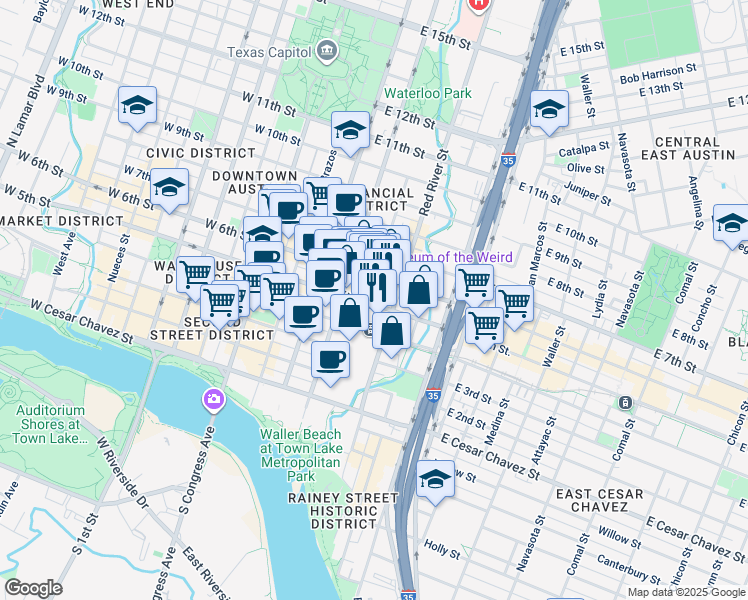 map of restaurants, bars, coffee shops, grocery stores, and more near 555 East 5th Street in Austin