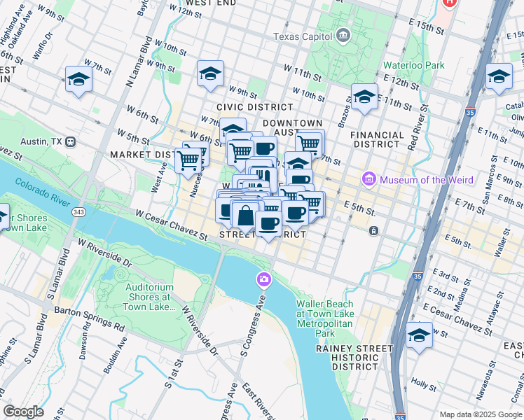 map of restaurants, bars, coffee shops, grocery stores, and more near 300 Colorado Street in Austin