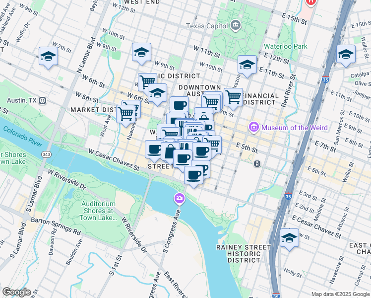 map of restaurants, bars, coffee shops, grocery stores, and more near in Austin