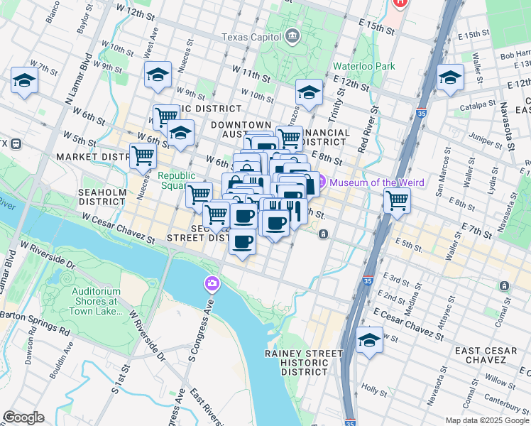 map of restaurants, bars, coffee shops, grocery stores, and more near 306 East 4th Street in Austin