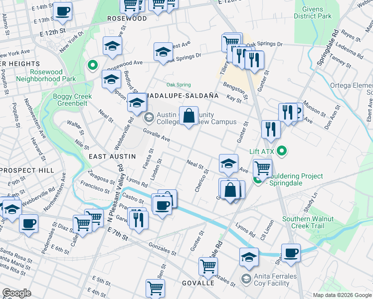 map of restaurants, bars, coffee shops, grocery stores, and more near 1106 1/2 Tillery Street in Austin