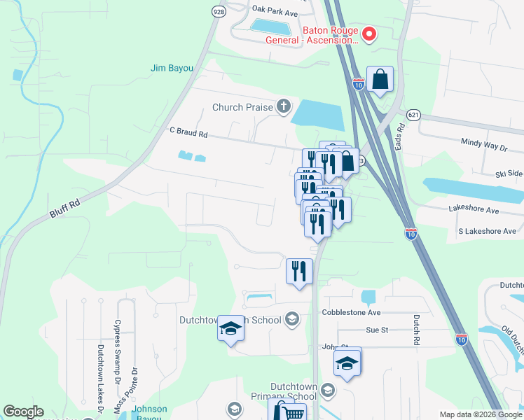 map of restaurants, bars, coffee shops, grocery stores, and more near 13389 Belle Prairie Drive in Geismar