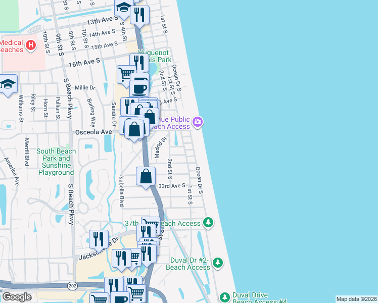 map of restaurants, bars, coffee shops, grocery stores, and more near 2905 Ocean Drive South in Jacksonville Beach
