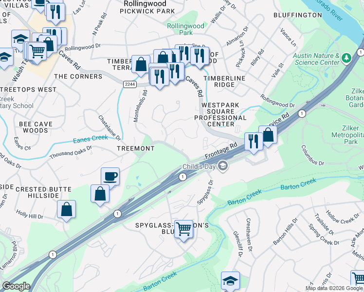 map of restaurants, bars, coffee shops, grocery stores, and more near 1000 Liberty Park Drive in Austin