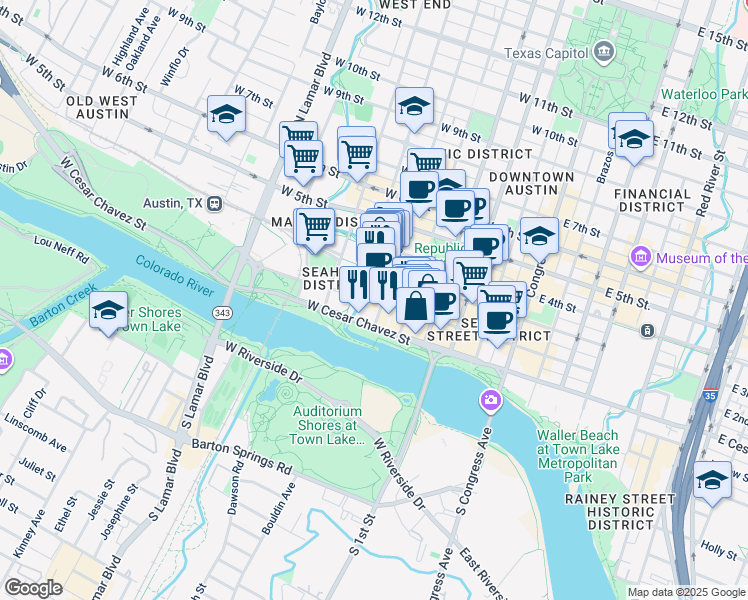 map of restaurants, bars, coffee shops, grocery stores, and more near 601 West 2nd Street in Austin