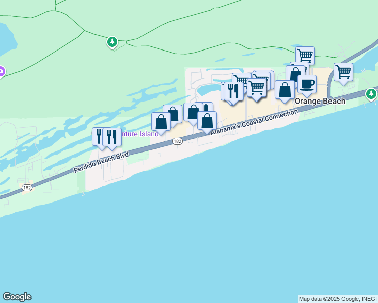 map of restaurants, bars, coffee shops, grocery stores, and more near 24988 Perdido Beach Boulevard in Orange Beach