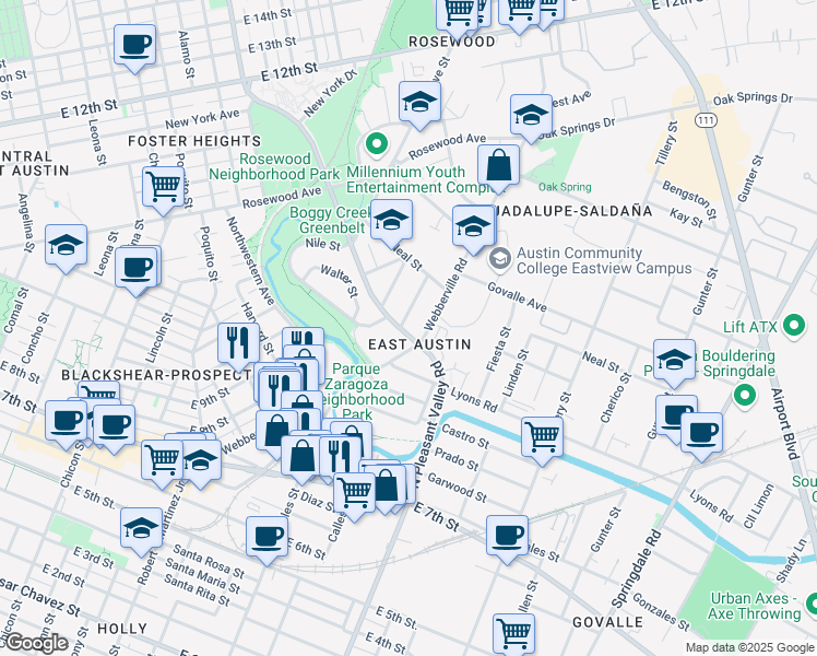 map of restaurants, bars, coffee shops, grocery stores, and more near 2802 Webberville Road in Austin