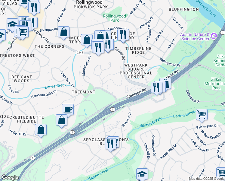 map of restaurants, bars, coffee shops, grocery stores, and more near 1000 Liberty Park Drive in Austin