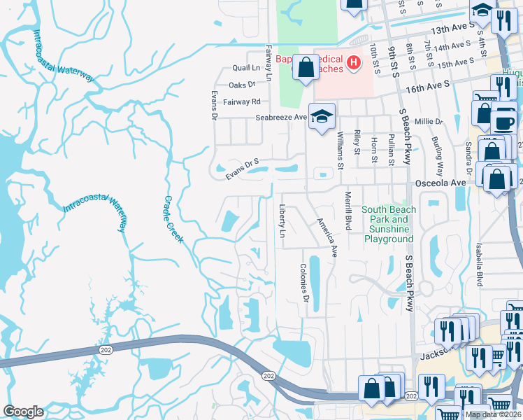 map of restaurants, bars, coffee shops, grocery stores, and more near 1477 Blue Heron Lane North in Jacksonville Beach