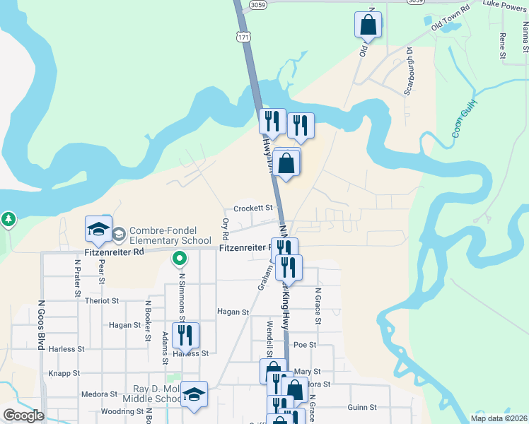 map of restaurants, bars, coffee shops, grocery stores, and more near 2501-2579 Conoco Street in Lake Charles