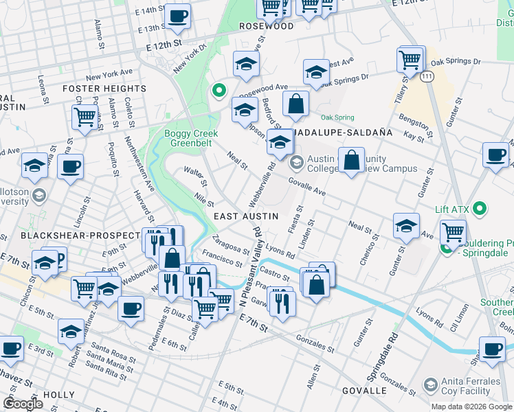 map of restaurants, bars, coffee shops, grocery stores, and more near 1012 Muse Lane in Austin