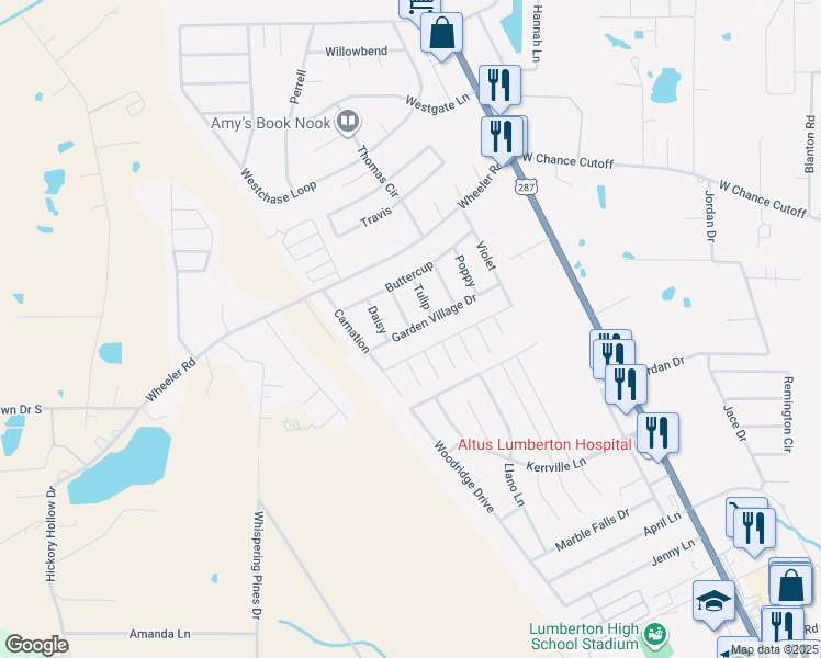 map of restaurants, bars, coffee shops, grocery stores, and more near Orchid in Lumberton