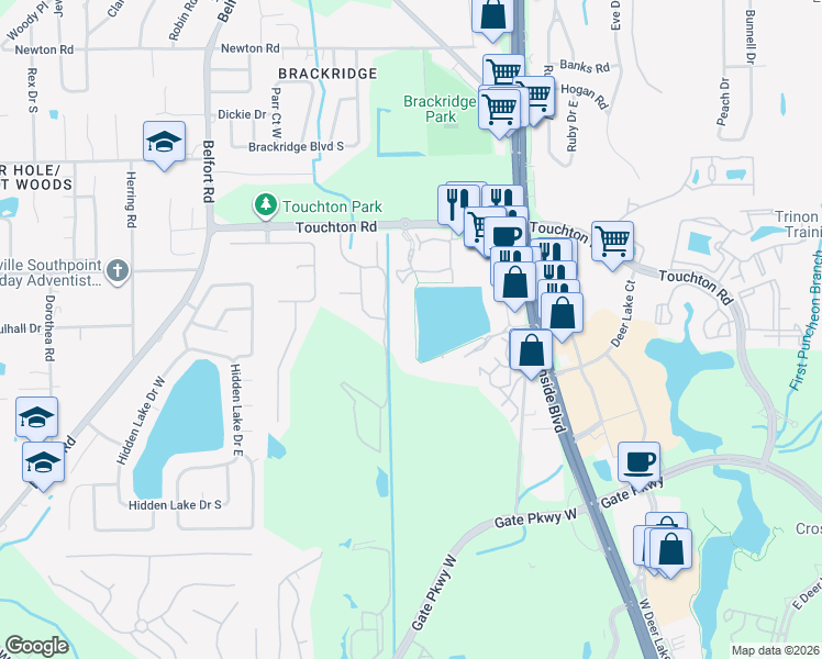 map of restaurants, bars, coffee shops, grocery stores, and more near 8550 Touchton Road in Jacksonville