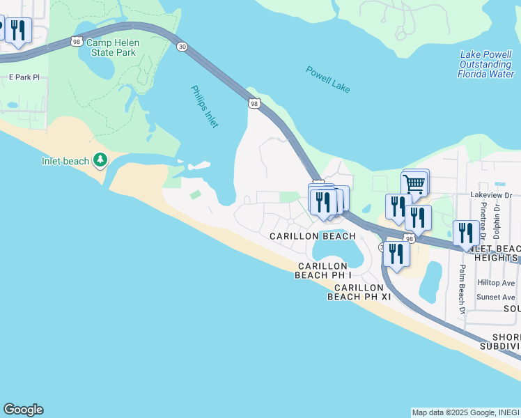 map of restaurants, bars, coffee shops, grocery stores, and more near 204 Sandyshore Drive in Panama City Beach