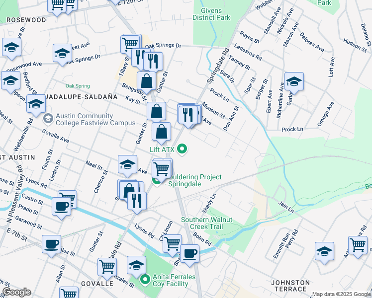map of restaurants, bars, coffee shops, grocery stores, and more near 1011 Springdale Road in Austin