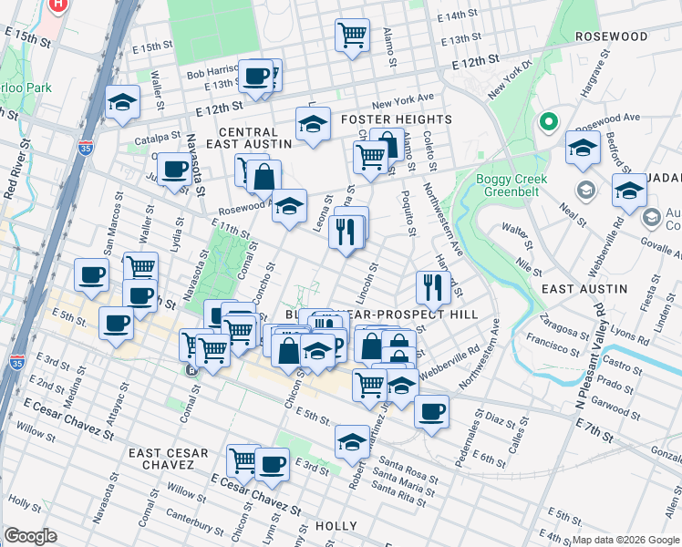 map of restaurants, bars, coffee shops, grocery stores, and more near Chicon Street & East 11th Street in Austin