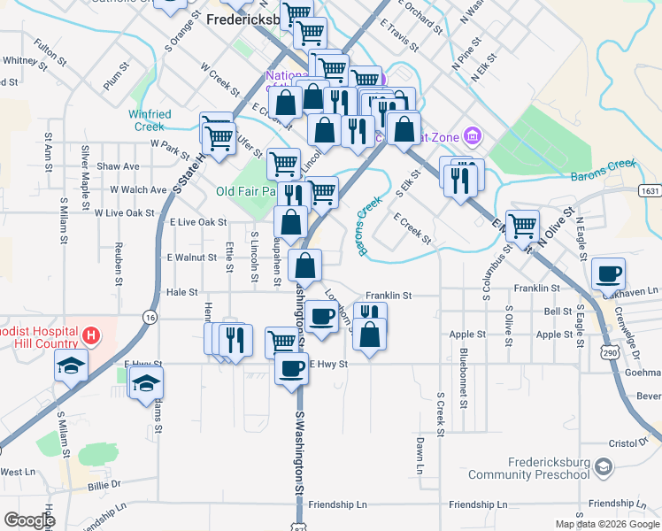 map of restaurants, bars, coffee shops, grocery stores, and more near 453 East Walnut Street in Fredericksburg