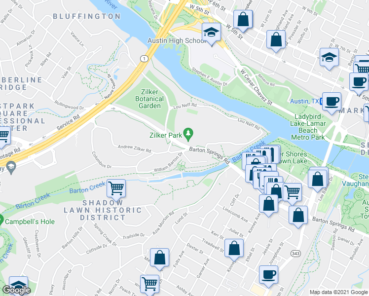 map of restaurants, bars, coffee shops, grocery stores, and more near 2100 Barton Springs Road in Austin