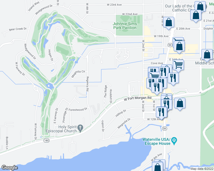 map of restaurants, bars, coffee shops, grocery stores, and more near 704 The Ridge in Gulf Shores