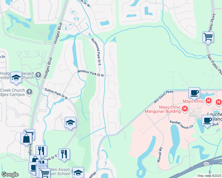 map of restaurants, bars, coffee shops, grocery stores, and more near 4411 Hanover Park Drive in Jacksonville