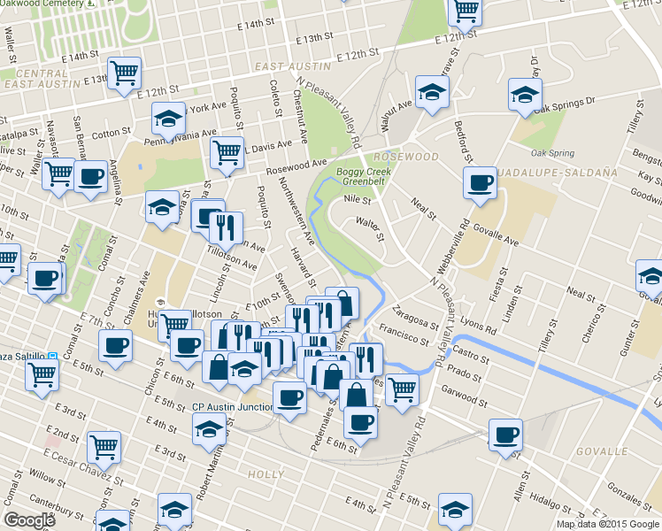 map of restaurants, bars, coffee shops, grocery stores, and more near E 10th St & Northwestern Ave in Austin