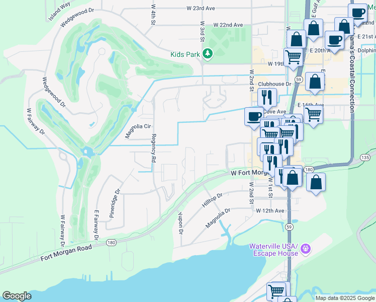 map of restaurants, bars, coffee shops, grocery stores, and more near 704 The Ridge in Gulf Shores