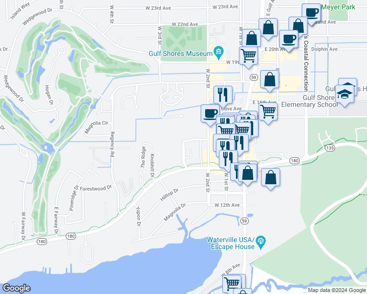 map of restaurants, bars, coffee shops, grocery stores, and more near 330 West Fort Morgan Road in Gulf Shores
