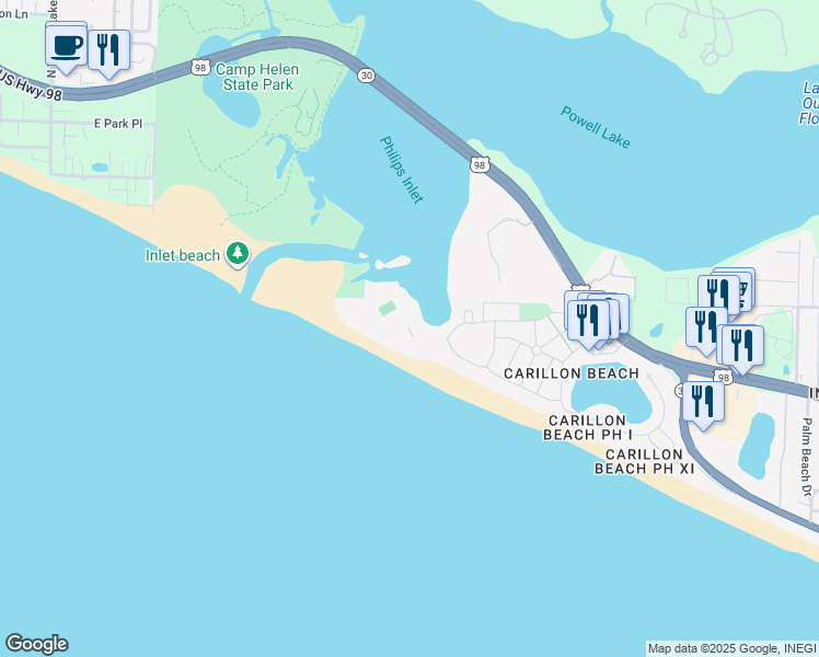 map of restaurants, bars, coffee shops, grocery stores, and more near 23223 Front Beach Road in Panama City Beach