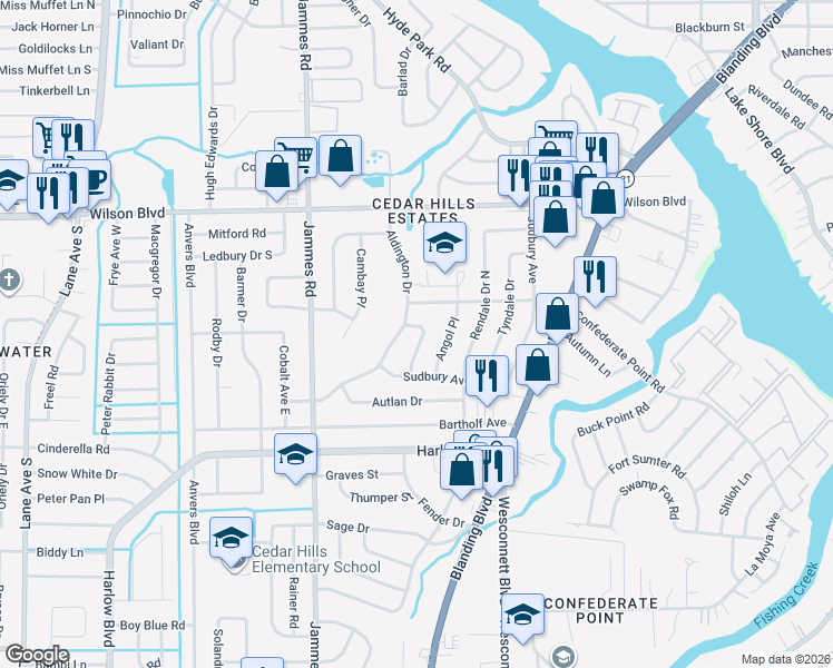 map of restaurants, bars, coffee shops, grocery stores, and more near 4017 Aldington Drive in Jacksonville