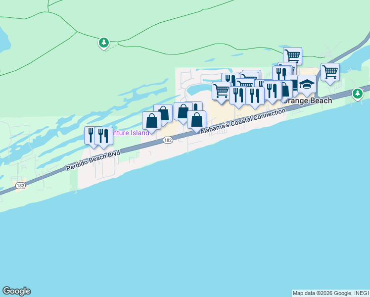 map of restaurants, bars, coffee shops, grocery stores, and more near 25050 Romar Vista Place in Orange Beach