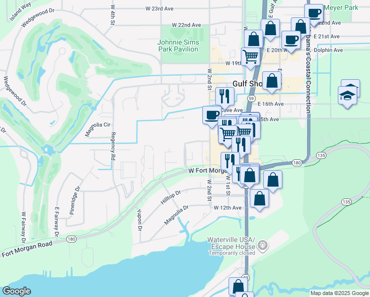 map of restaurants, bars, coffee shops, grocery stores, and more near 330 West Fort Morgan Road in Gulf Shores