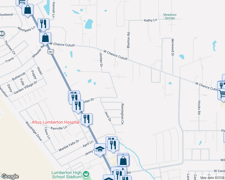 map of restaurants, bars, coffee shops, grocery stores, and more near 630 Jordan Drive in Lumberton