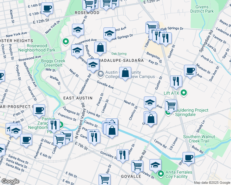 map of restaurants, bars, coffee shops, grocery stores, and more near 1104 Brass Street in Austin