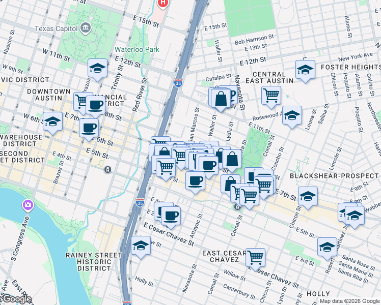 map of restaurants, bars, coffee shops, grocery stores, and more near in Austin