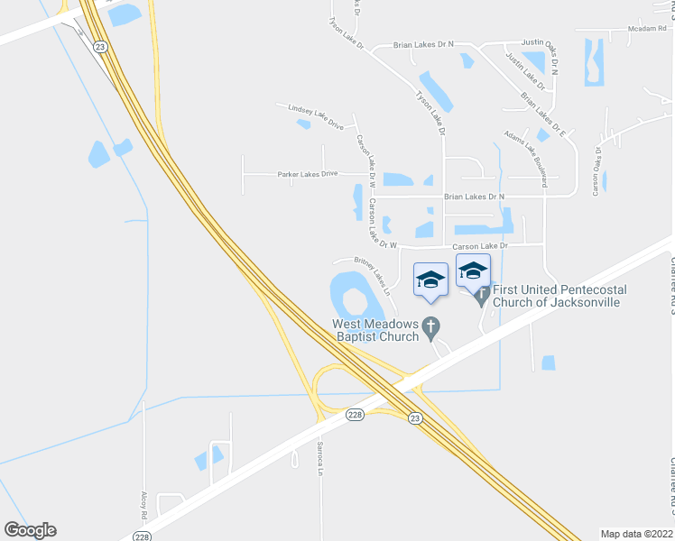 map of restaurants, bars, coffee shops, grocery stores, and more near 2438 Britney Lakes Ln in Jacksonville