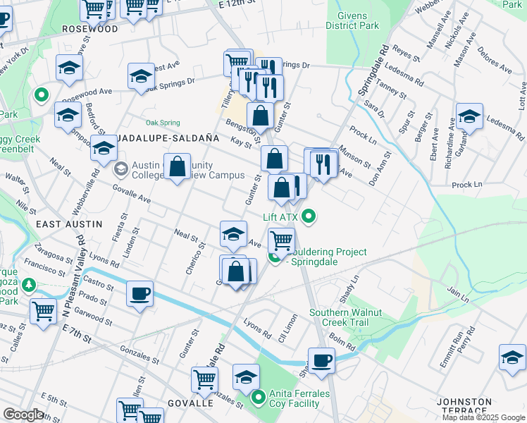 map of restaurants, bars, coffee shops, grocery stores, and more near 3703 Thompson Street in Austin
