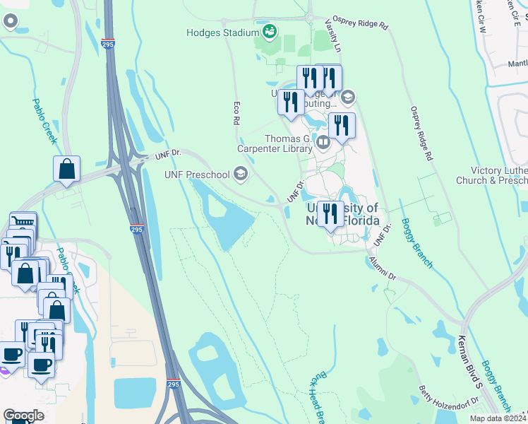 map of restaurants, bars, coffee shops, grocery stores, and more near Unnamed Road in Jacksonville
