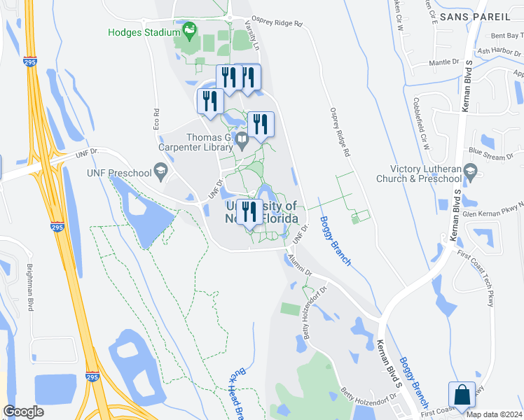map of restaurants, bars, coffee shops, grocery stores, and more near 1 UNF Dr in Jacksonville