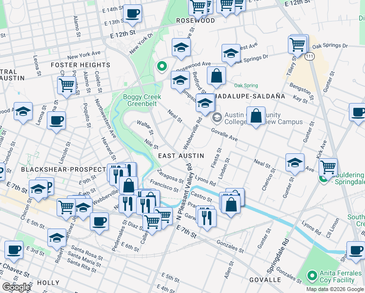 map of restaurants, bars, coffee shops, grocery stores, and more near 2906 Webberville Road in Austin