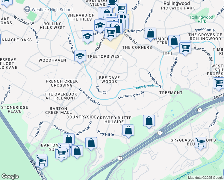 map of restaurants, bars, coffee shops, grocery stores, and more near 2940 Thousand Oaks Drive in Austin
